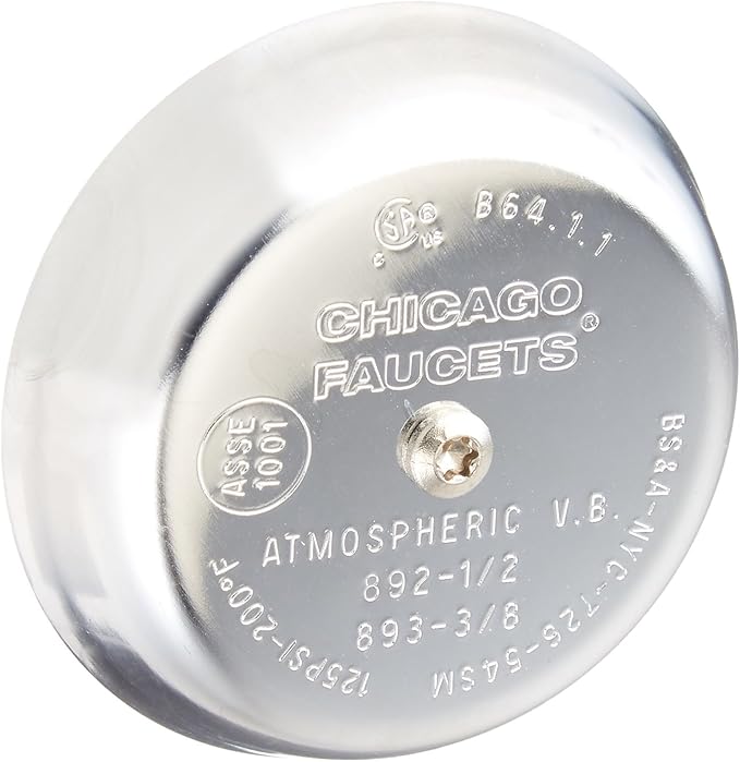 Polished chrome dome-shaped vacuum breaker cover with Chicago Faucets branding and model numbers, includes mounting screw.