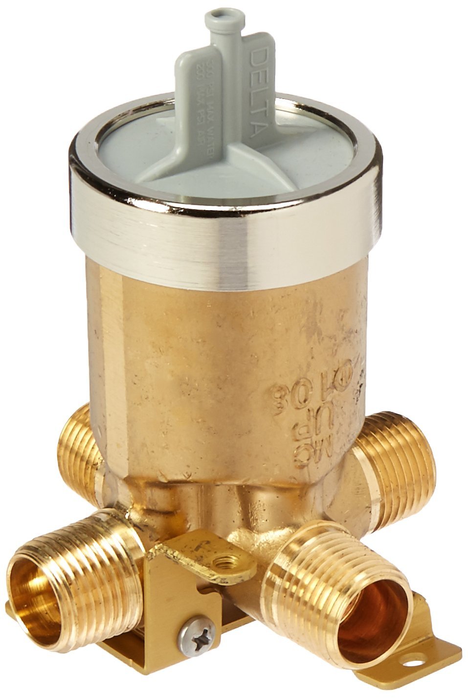 Brass pressure balance valve with white plastic internal cartridge, chrome and brushed nickel trim ring, and four threaded ma