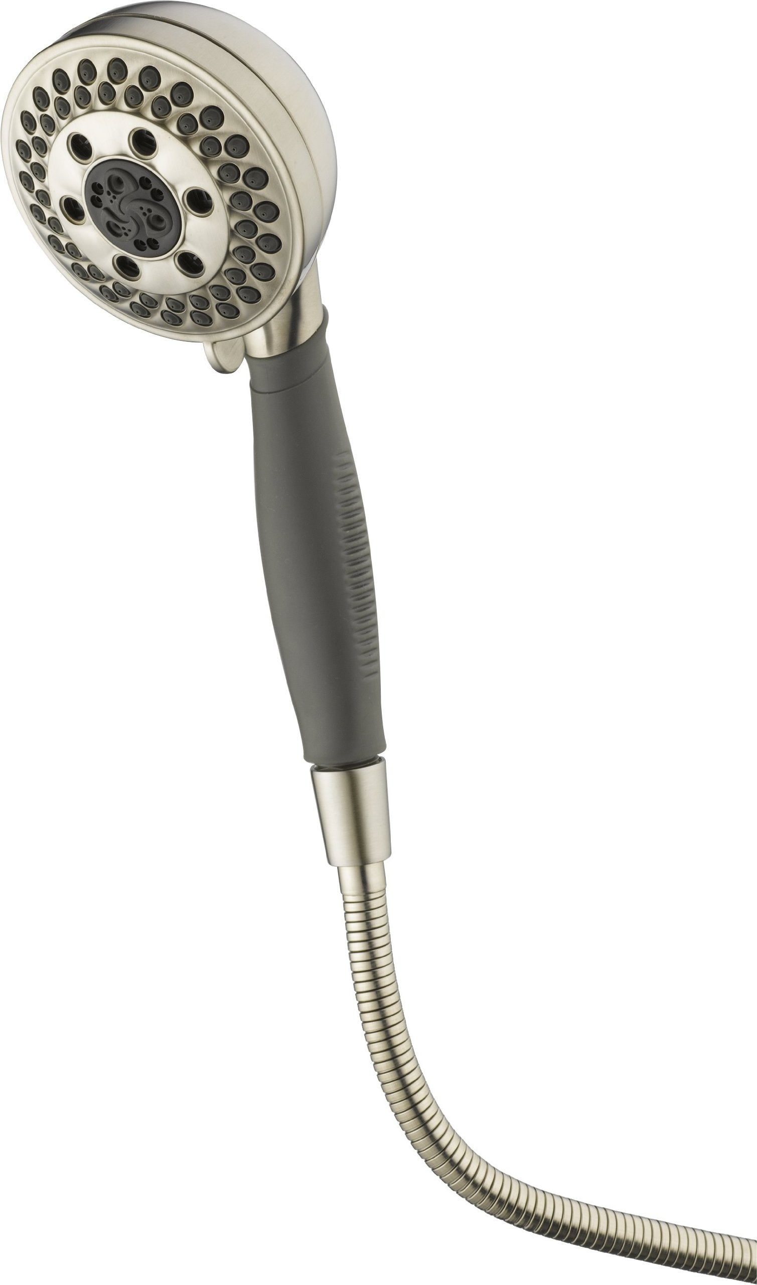 Chrome and gray hand shower with multiple spray holes, dark center dial, gray grip handle, and coiled hose attachment.