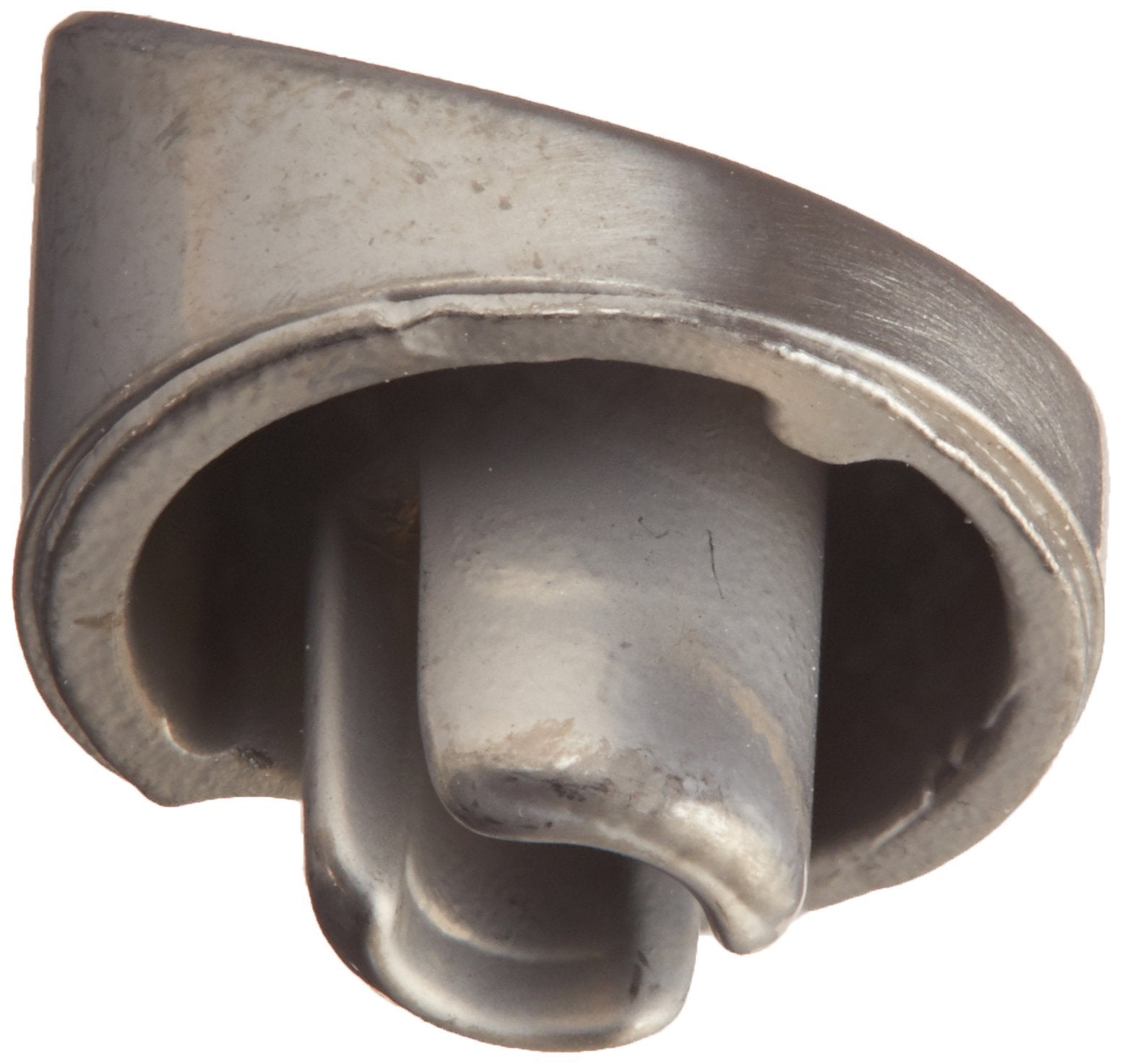 Metallic finished button with rounded cap and two-slot stem connection for mounting.