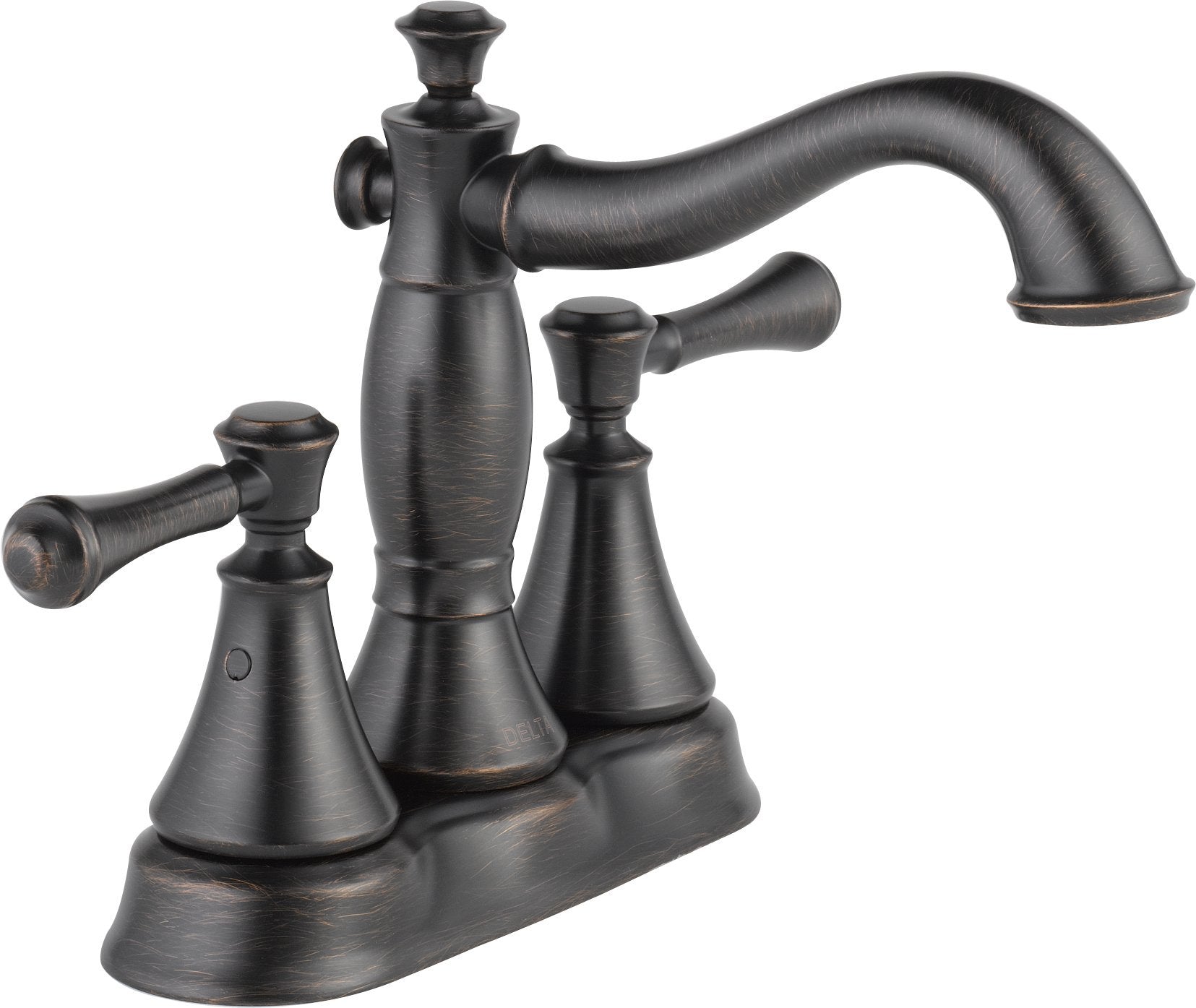 Black two-handle bathroom faucet with curved spout, tapered cone-shaped handles, and metal pop-up drain assembly.