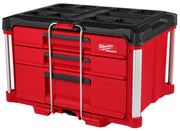 Red and black PACKOUT tool box with three drawers, metal handles, and white side rails.