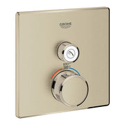 Grohe Grohtherm thermostatic valve trim in brushed nickel with round control knobs and temperature display.