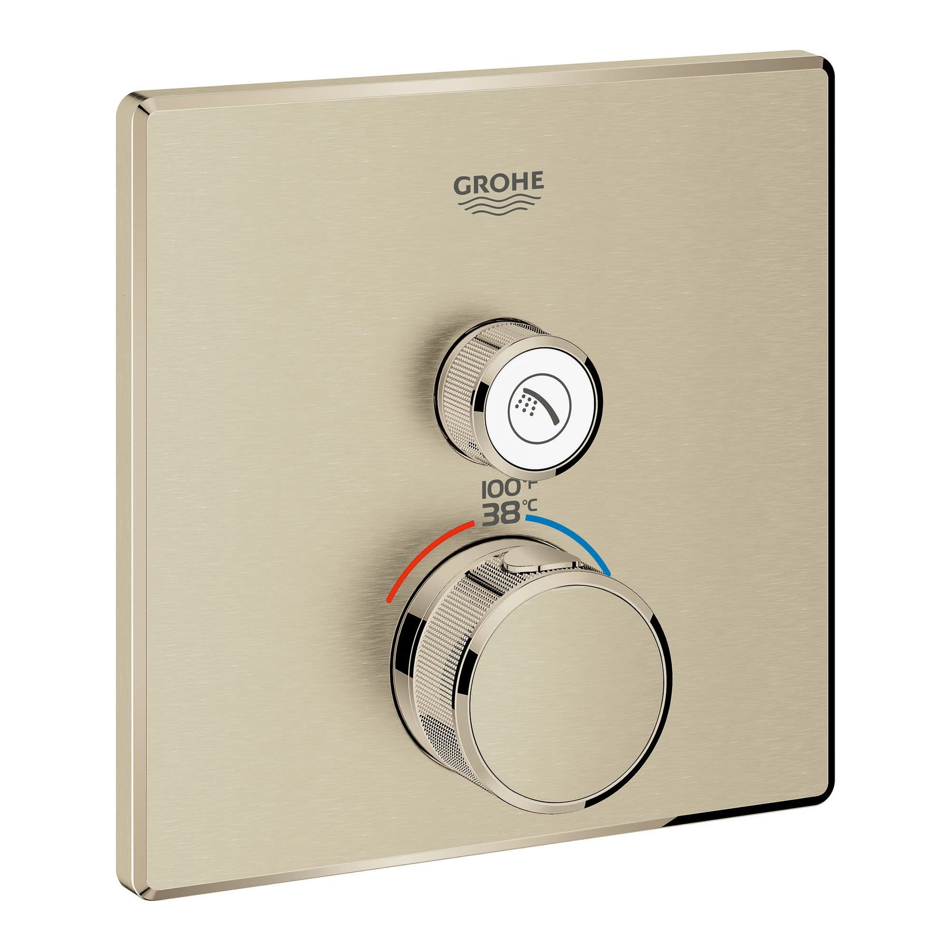 Grohe Grohtherm thermostatic valve trim in brushed nickel with round control knobs and temperature display.