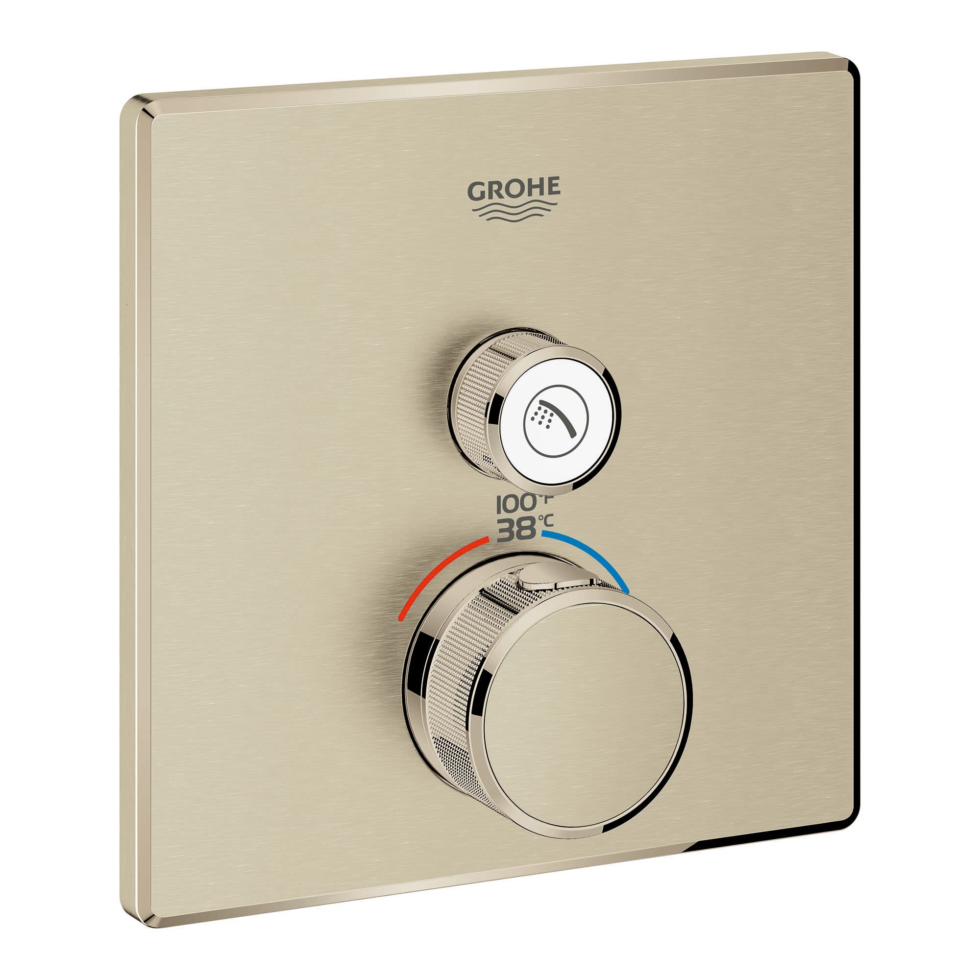 Grohe Grohtherm thermostatic valve trim in brushed nickel with round control knobs and temperature display.