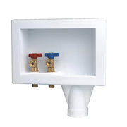 Brass faucet ball valves with red and blue handles mounted in white plastic fixture box.