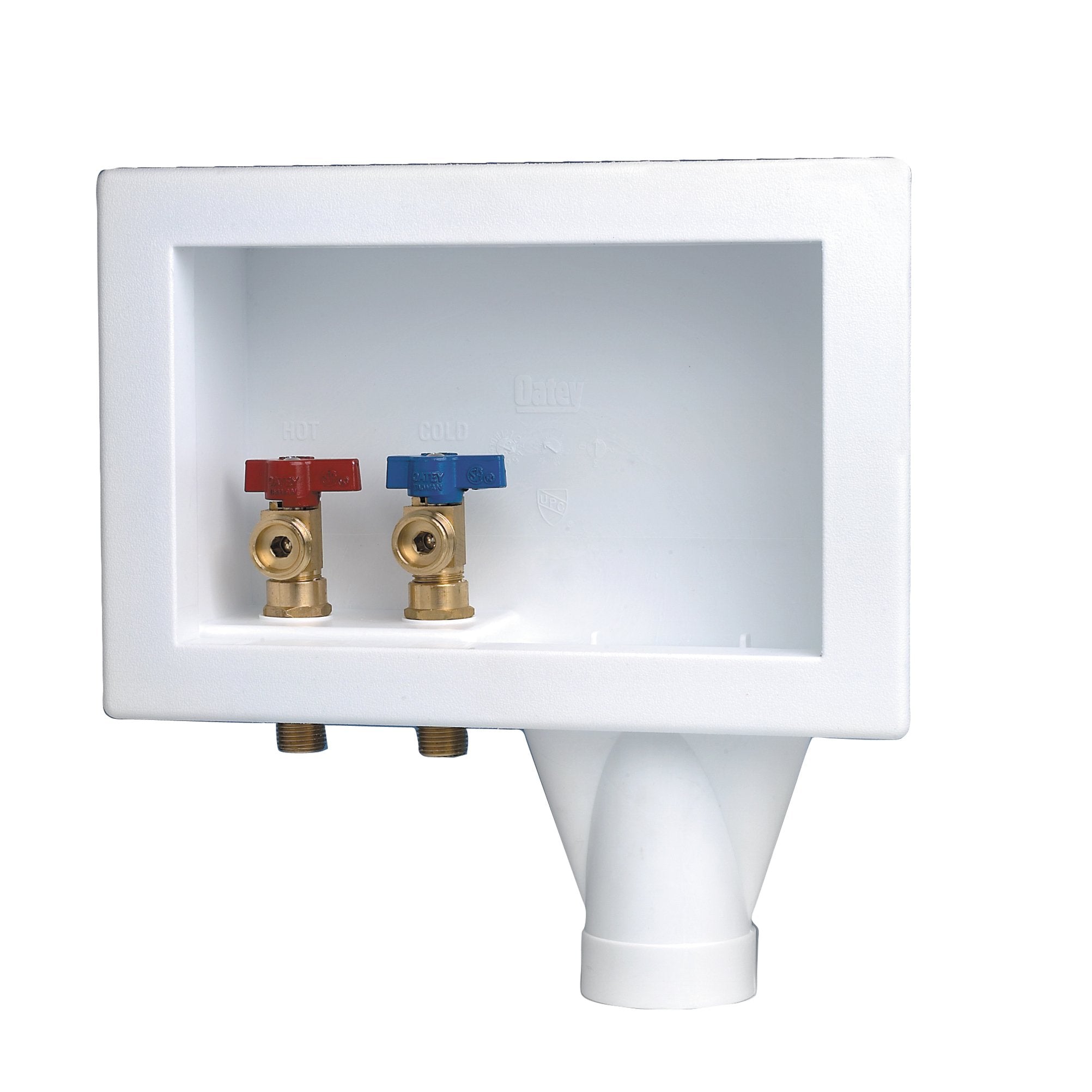 Brass faucet ball valves with red and blue handles mounted in white plastic fixture box.