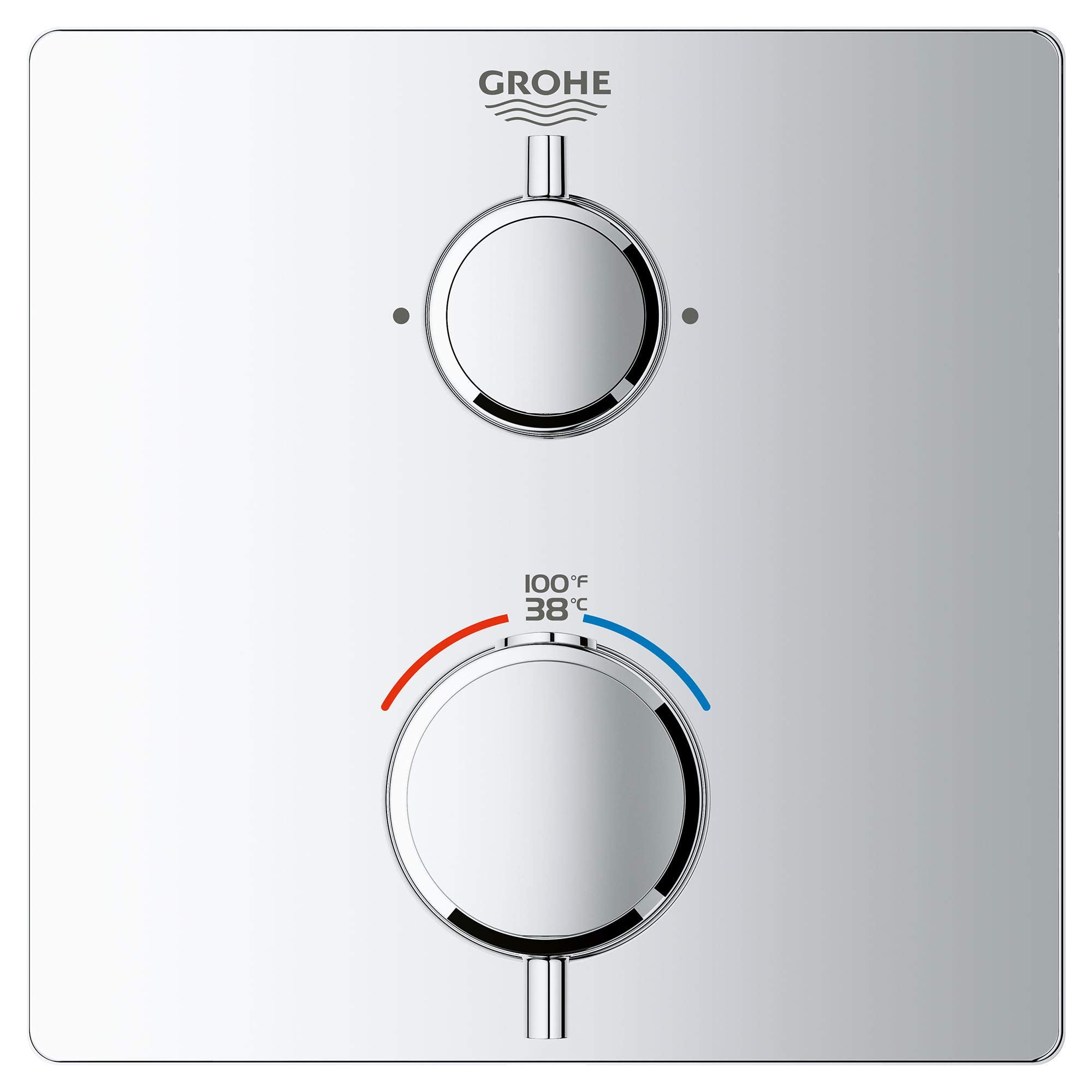 Grohe chrome thermostatic valve trim with two round handles and temperature gauge marked 100°F and 38°C.