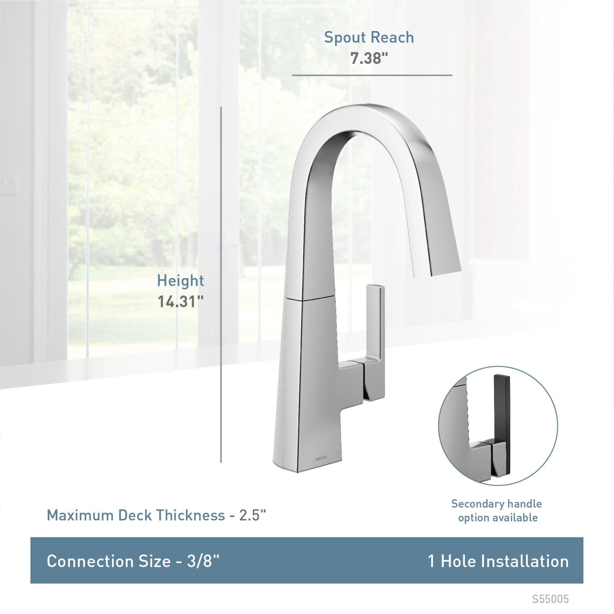 Chrome single-handle bar faucet with 7.38" spout reach and 14.31" height, includes secondary handle option.