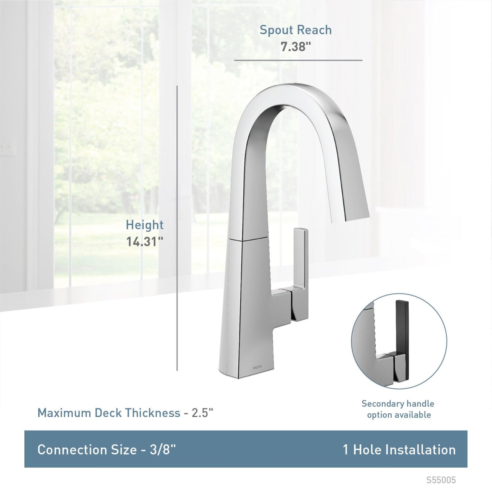Stainless steel single-handle bar faucet with curved spout, 14.31" height, 7.38" spout reach, includes secondary handle optio