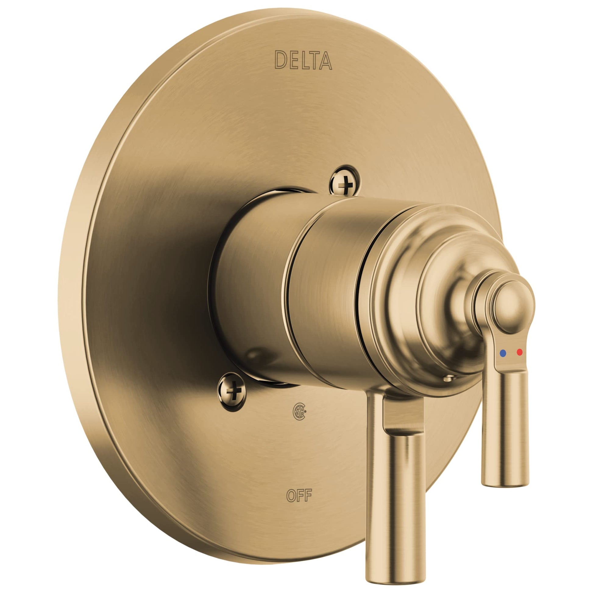 Champagne bronze circular valve trim with lever handle, temperature indicator dots, and off marking on escutcheon plate.