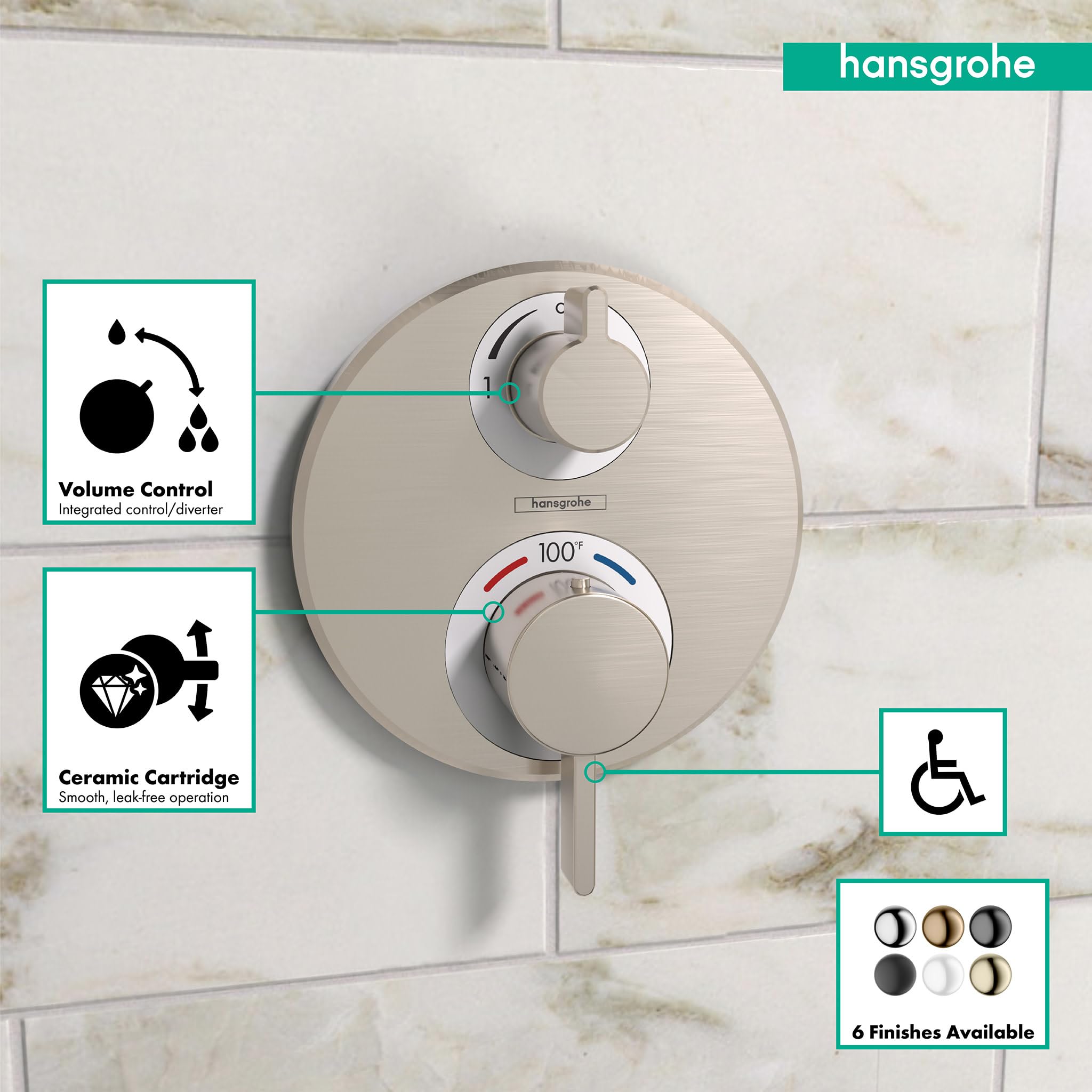 Brushed nickel thermostatic shower trim with dual circular controls for temperature and volume adjustment mounted on marble t