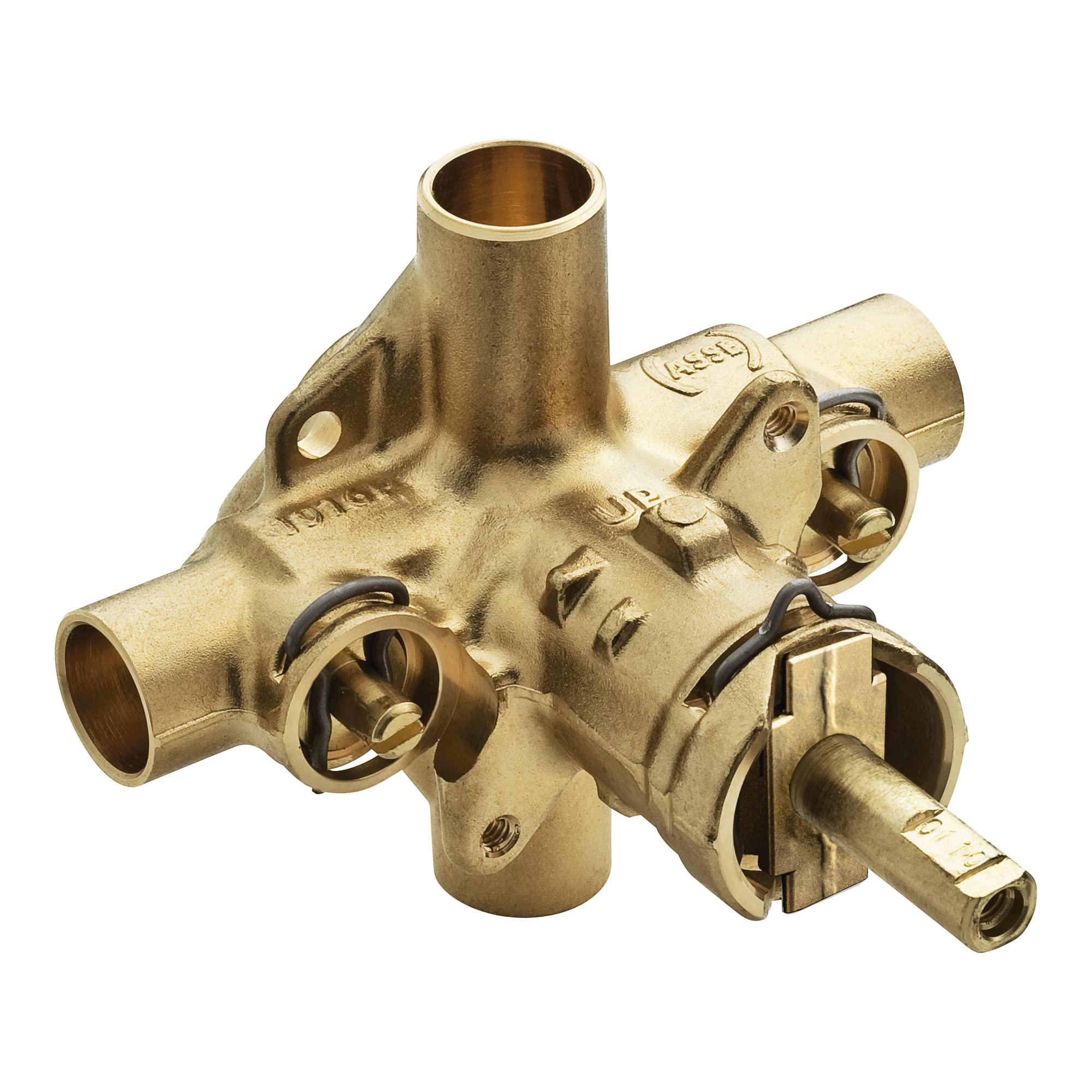 Brass rough-in valve with multiple threaded ports and integrated adjustment mechanisms for water supply installation.