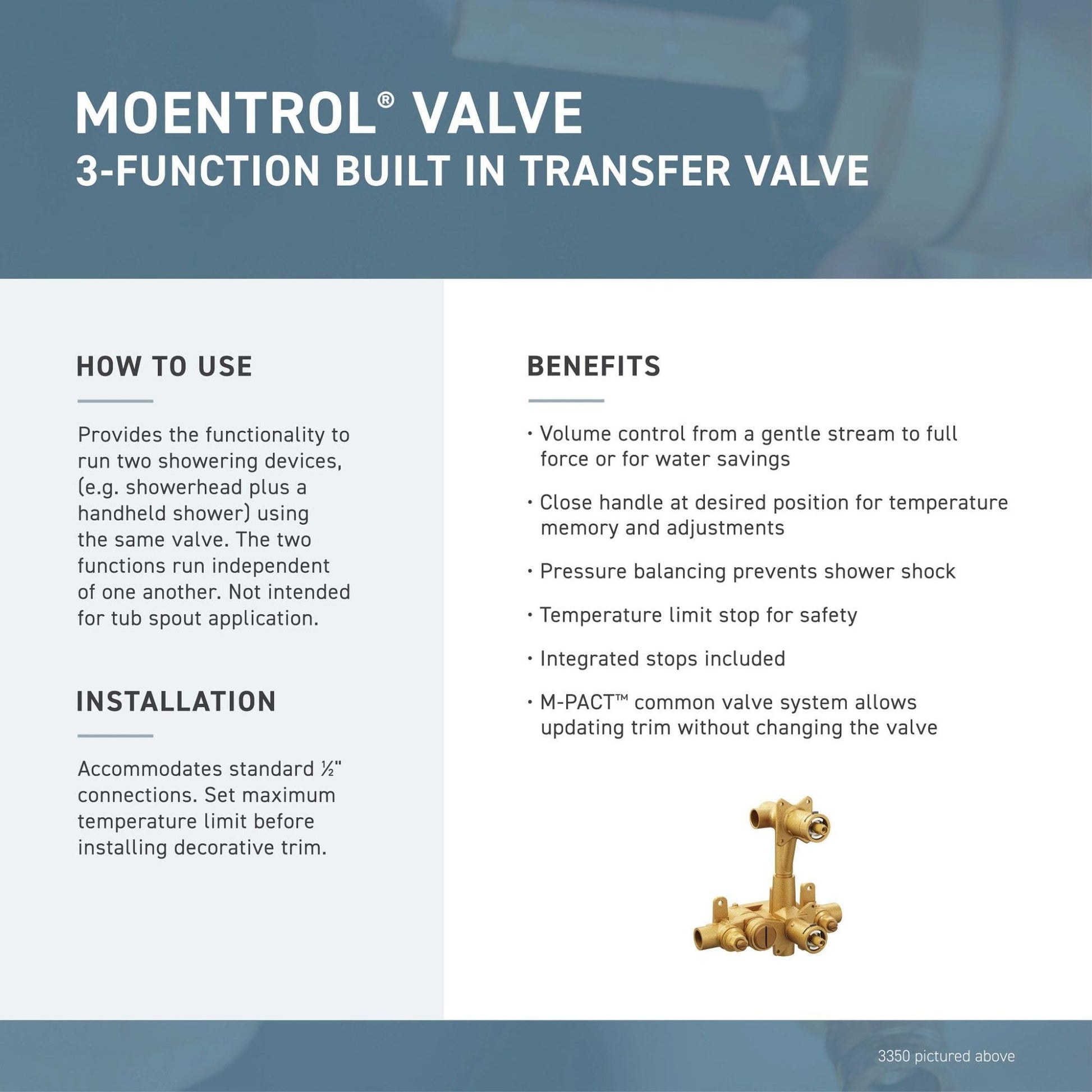 Moen Moentrol 3-function transfer valve trim kit in matte black with brass valve body shown below specifications.