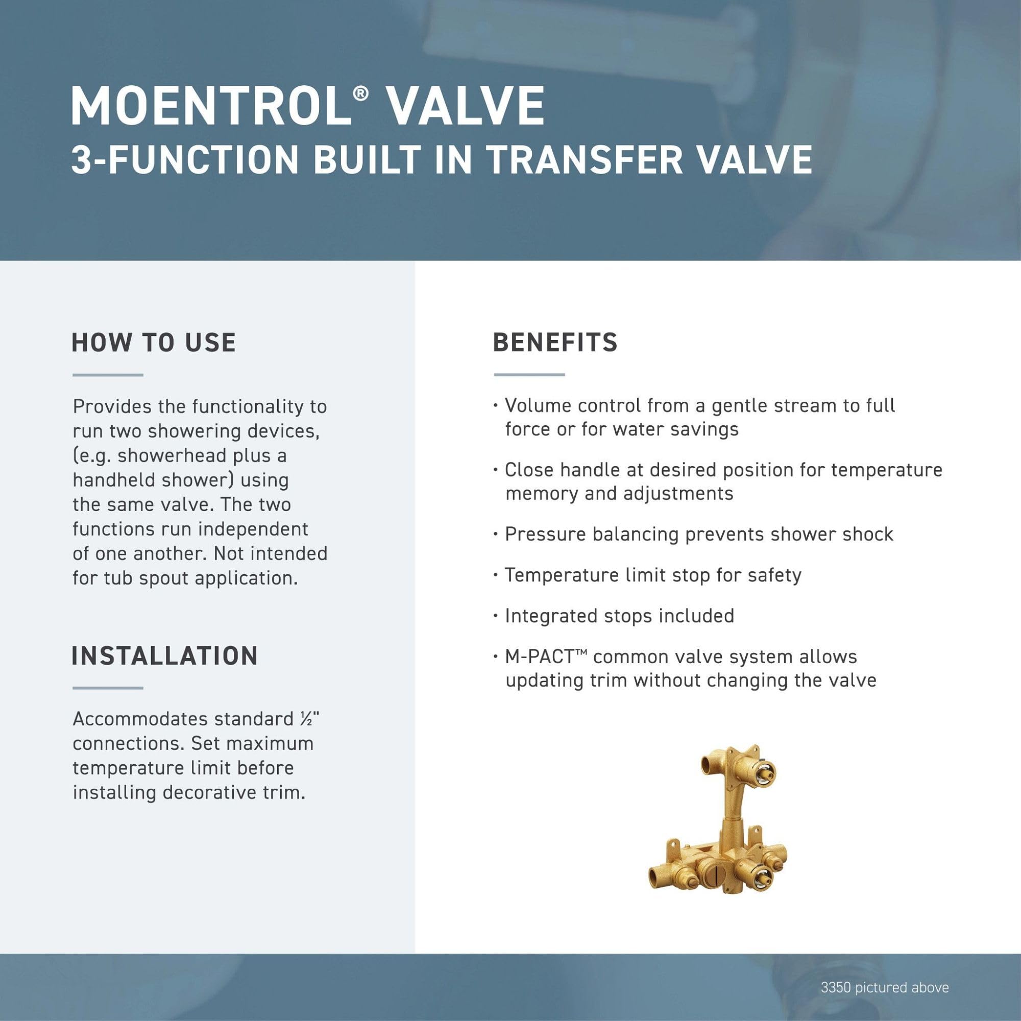 Moen Moentrol 3-function transfer valve trim kit in matte black with brass valve body shown below specifications.