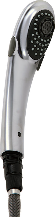Chrome finish pull-out wand assembly with black spray head and braided hose connector.