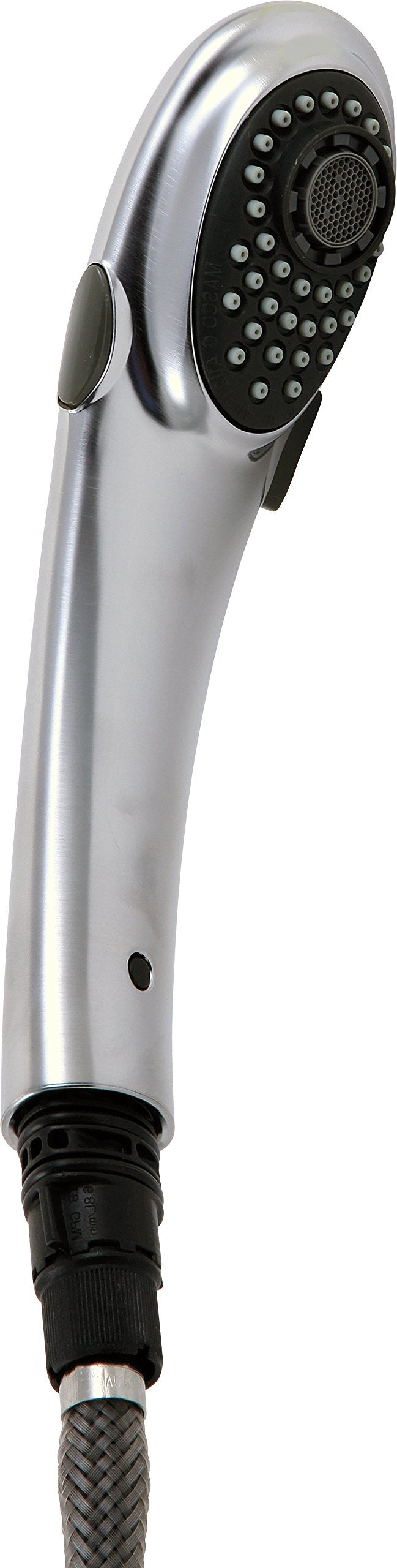 Chrome finish pull-out wand assembly with black spray head and braided hose connector.