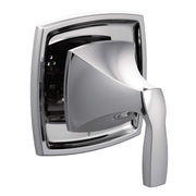 Chrome shower valve trim kit with curved square escutcheon plate and single lever handle for diverter control.