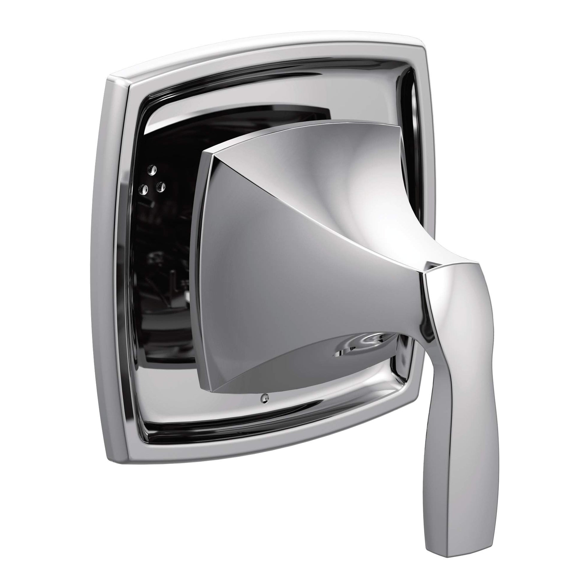 Chrome shower valve trim kit with curved square escutcheon plate and single lever handle for diverter control.
