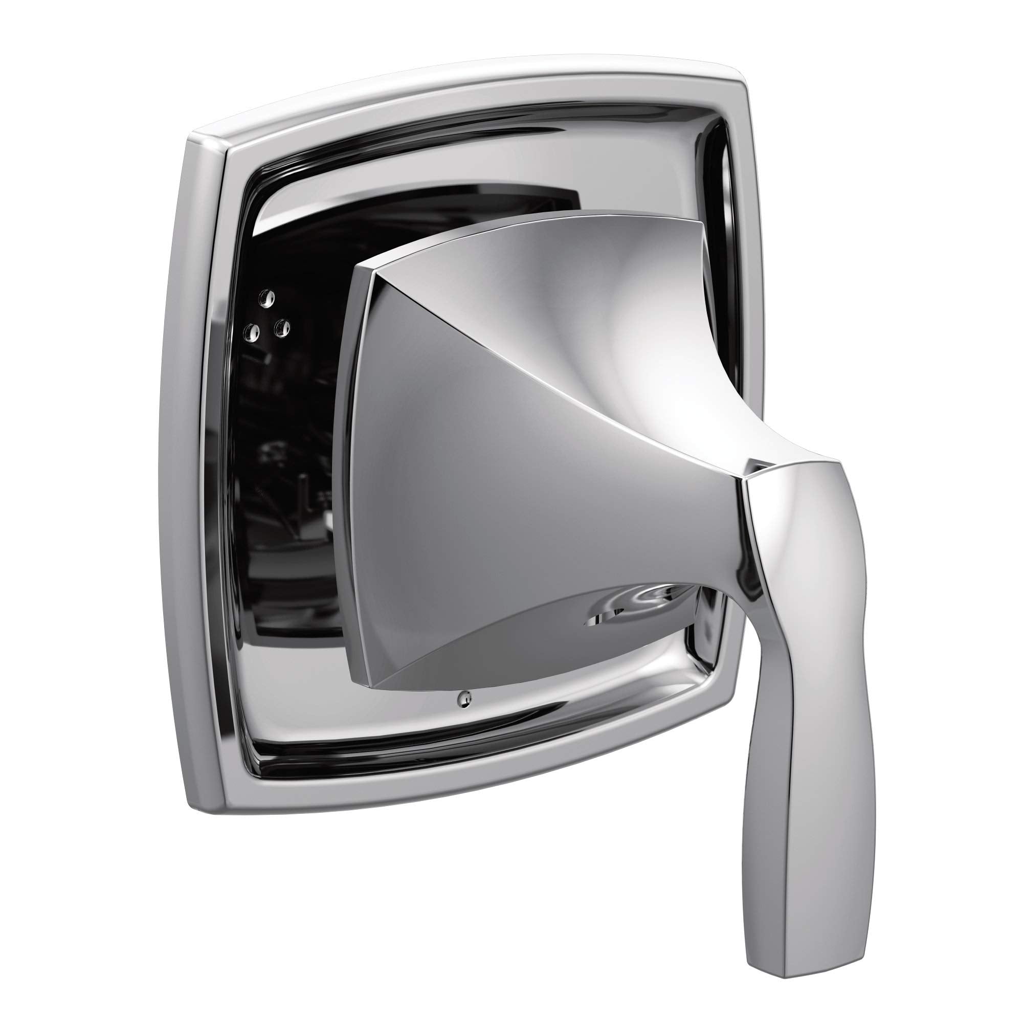 Chrome shower valve trim kit with curved square escutcheon plate and single lever handle for diverter control.