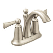 Brushed nickel two-handle bathroom faucet with high arc spout and ball-shaped handle knobs on rectangular base.