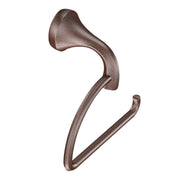 Oil rubbed bronze curved toilet paper holder with rounded top hook and open bottom loop.