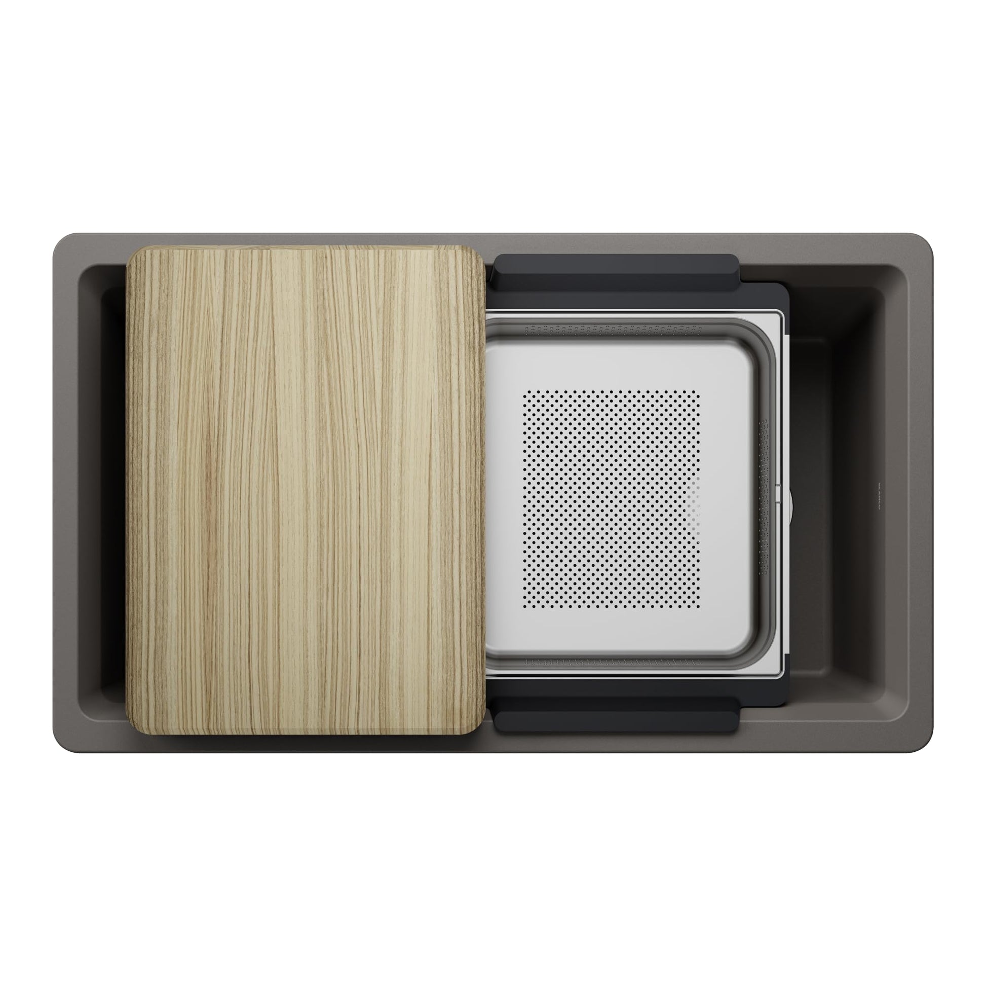Volcano gray rectangular kitchen sink with a wooden cutting board and perforated colander insert on top view.