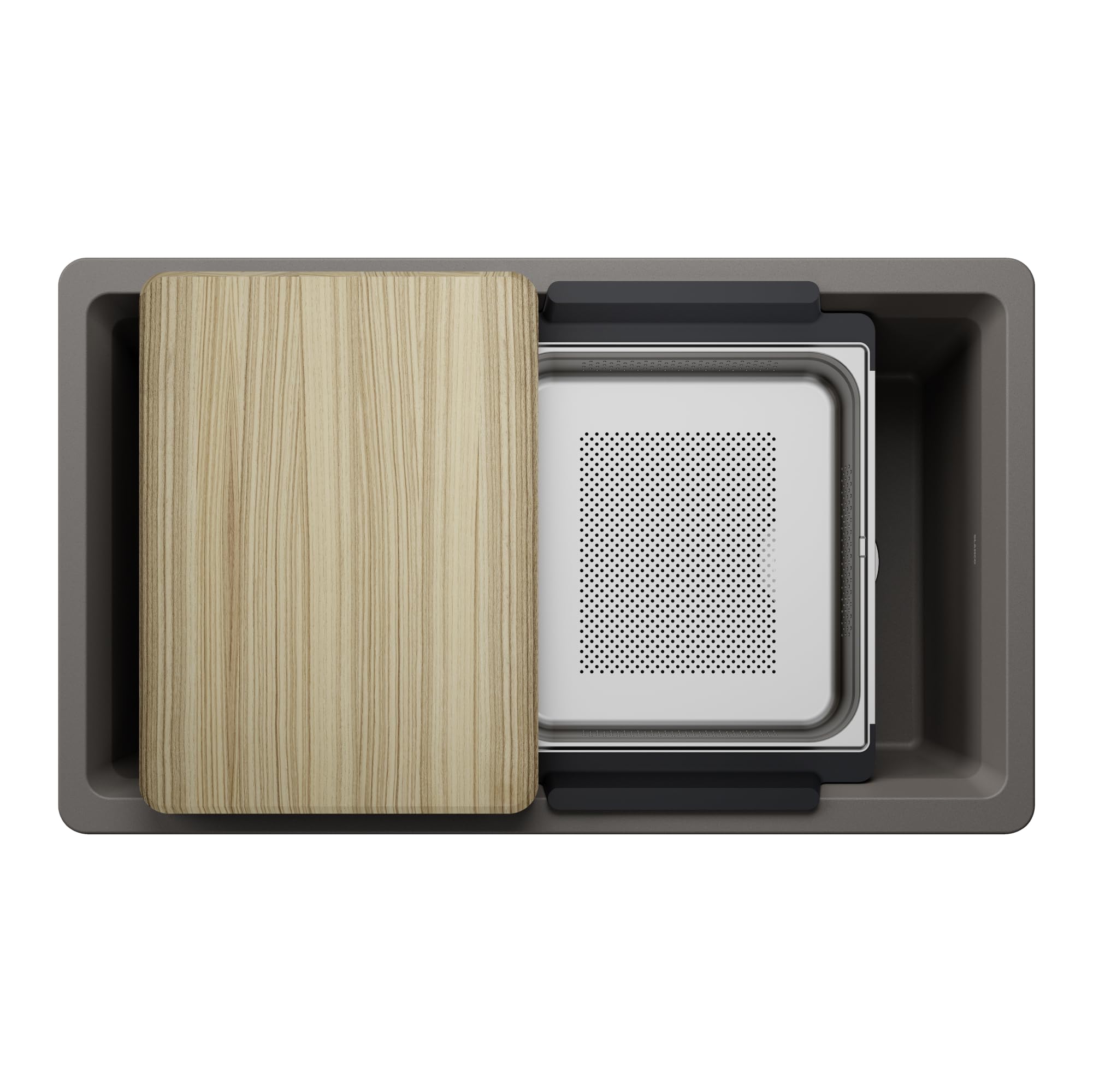 Volcano gray rectangular kitchen sink with a wooden cutting board and perforated colander insert on top view.