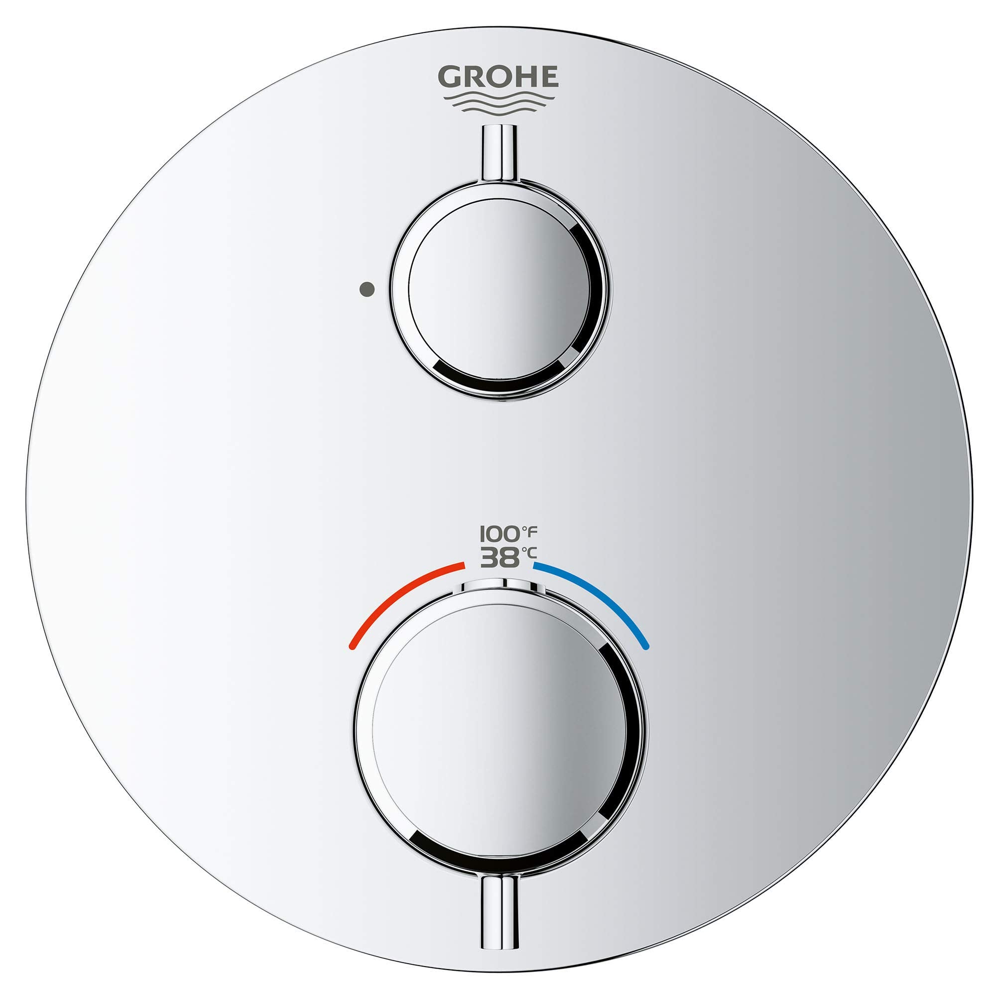 Chrome thermostatic valve trim with two circular handles and temperature scale displaying 38°C to 100°F.