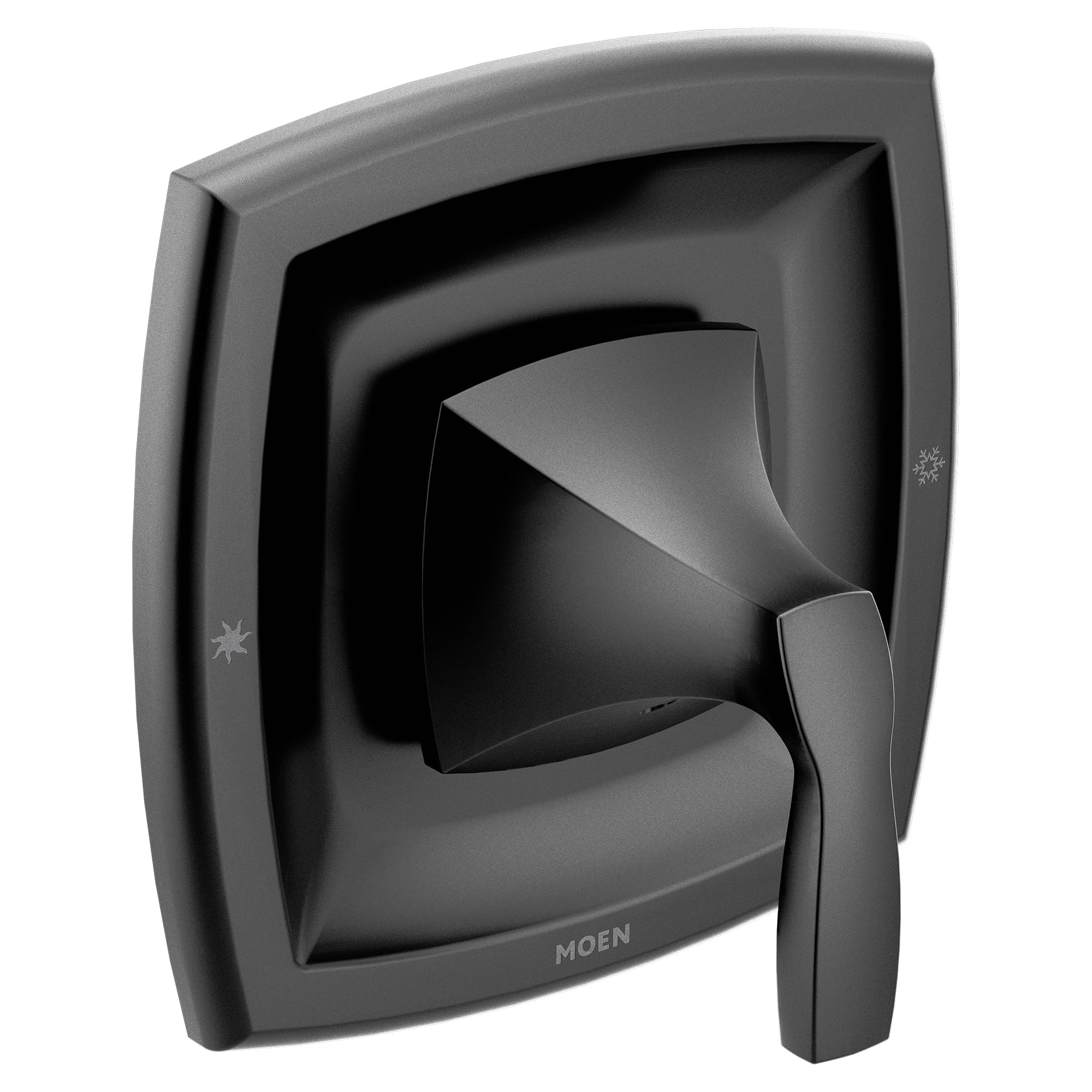 Matte black single-handle shower valve trim with curved square escutcheon and lever handle.