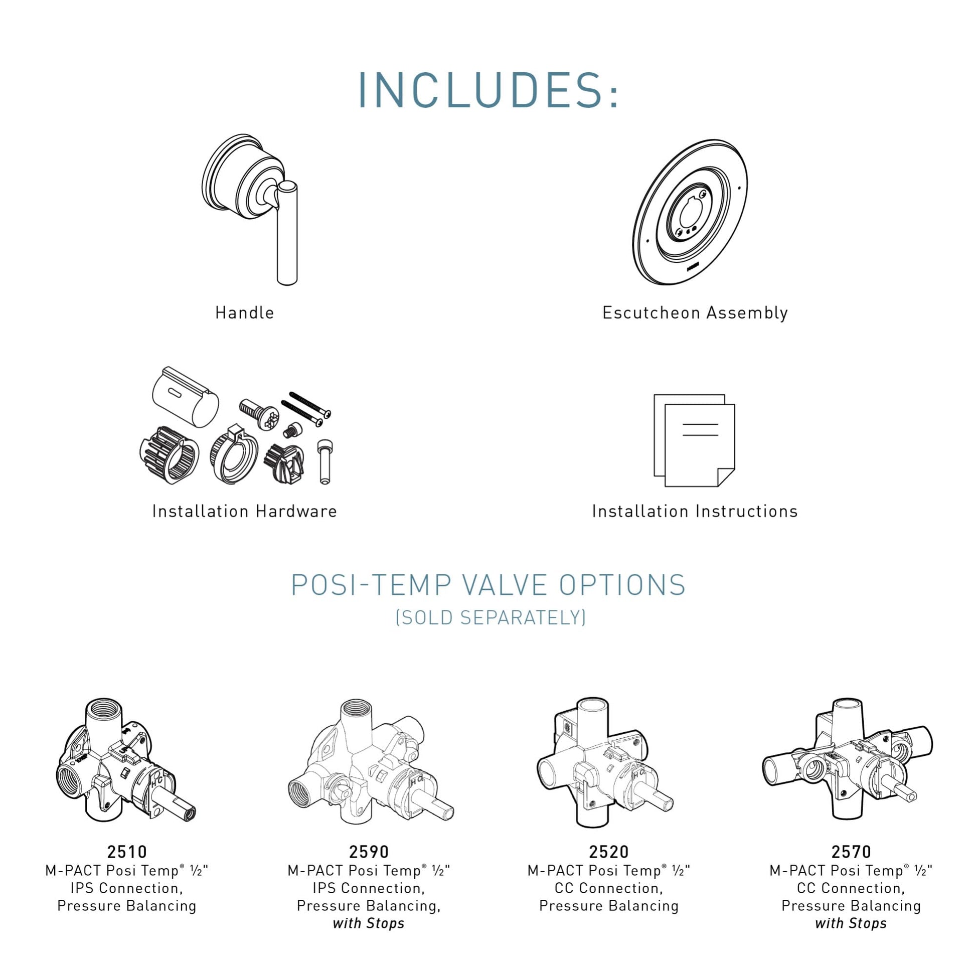 Chrome shower valve trim kit with handle, escutcheon assembly, and installation hardware for Moen Gibson T2901.