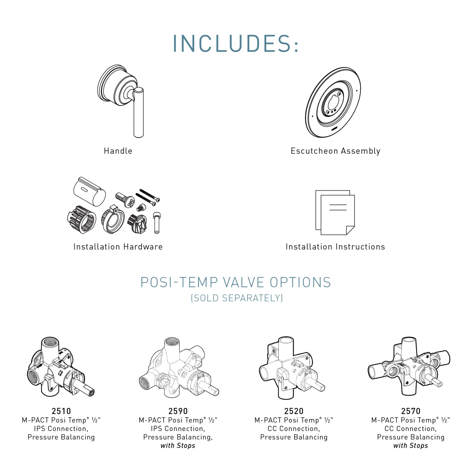 Chrome shower valve trim kit with handle, escutcheon assembly, and installation hardware for Moen Gibson T2901.