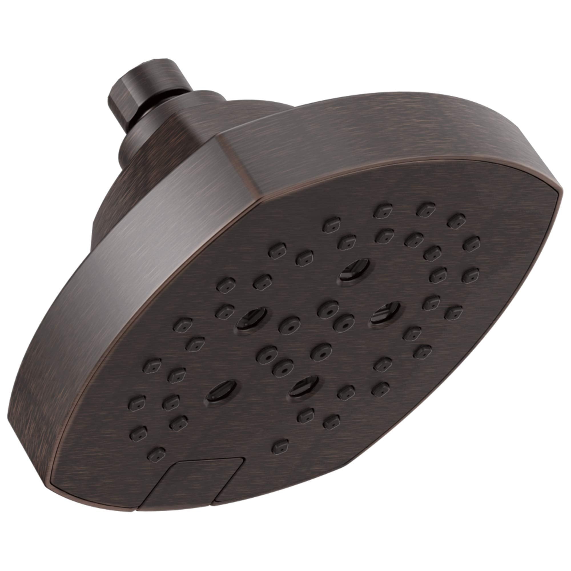 Oil-rubbed bronze shower head with curved face and multiple spray jets, mounted on angled arm.