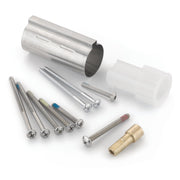 Moen handle extension kit containing chrome cylindrical sleeve, plastic spacer, brass insert, and various metal screws and fa