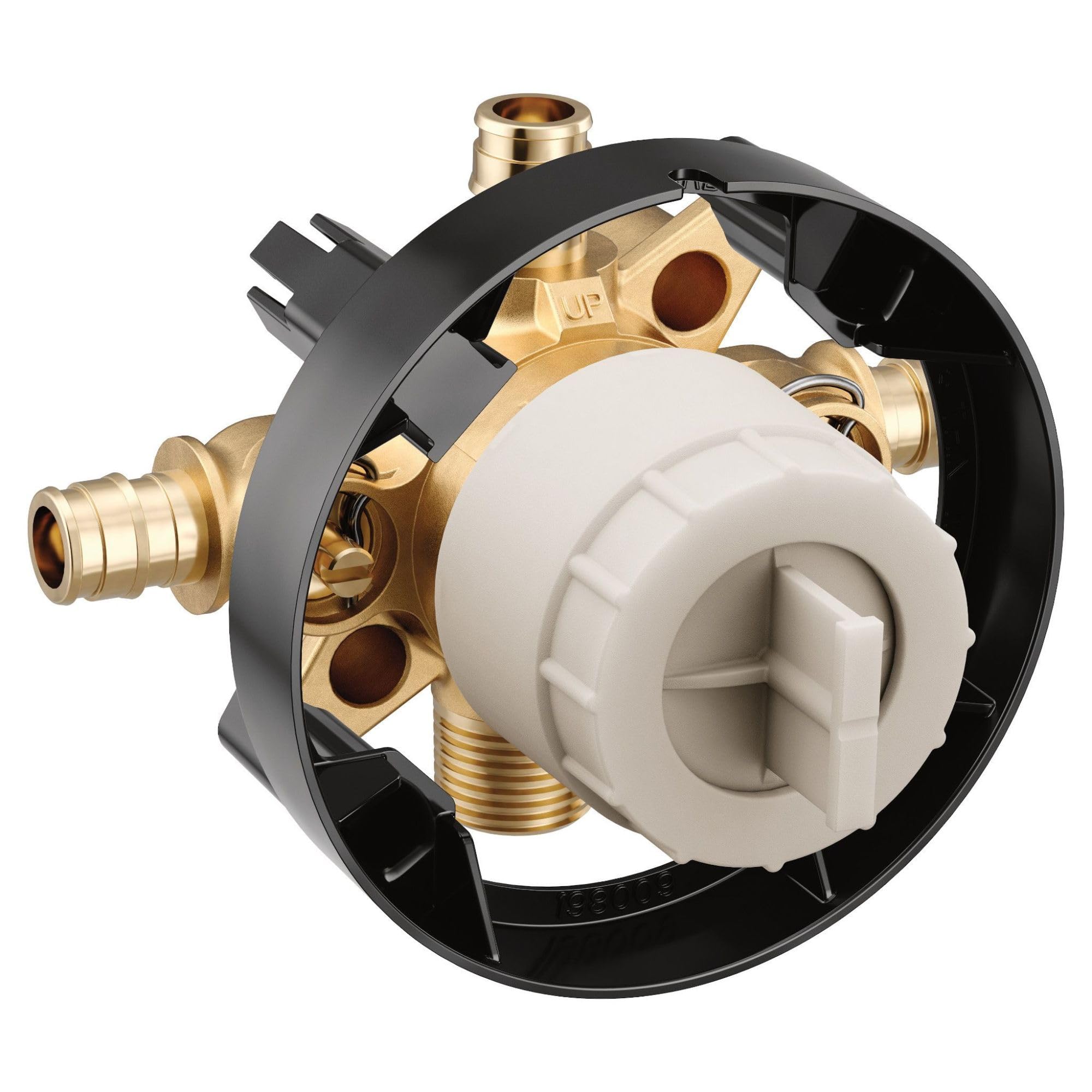 Brass mixing valve with white cartridge center, black housing ring, and four PEX connection ports visible from angled top vie