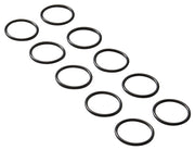 Multiple black rubber o-rings arranged on white background.