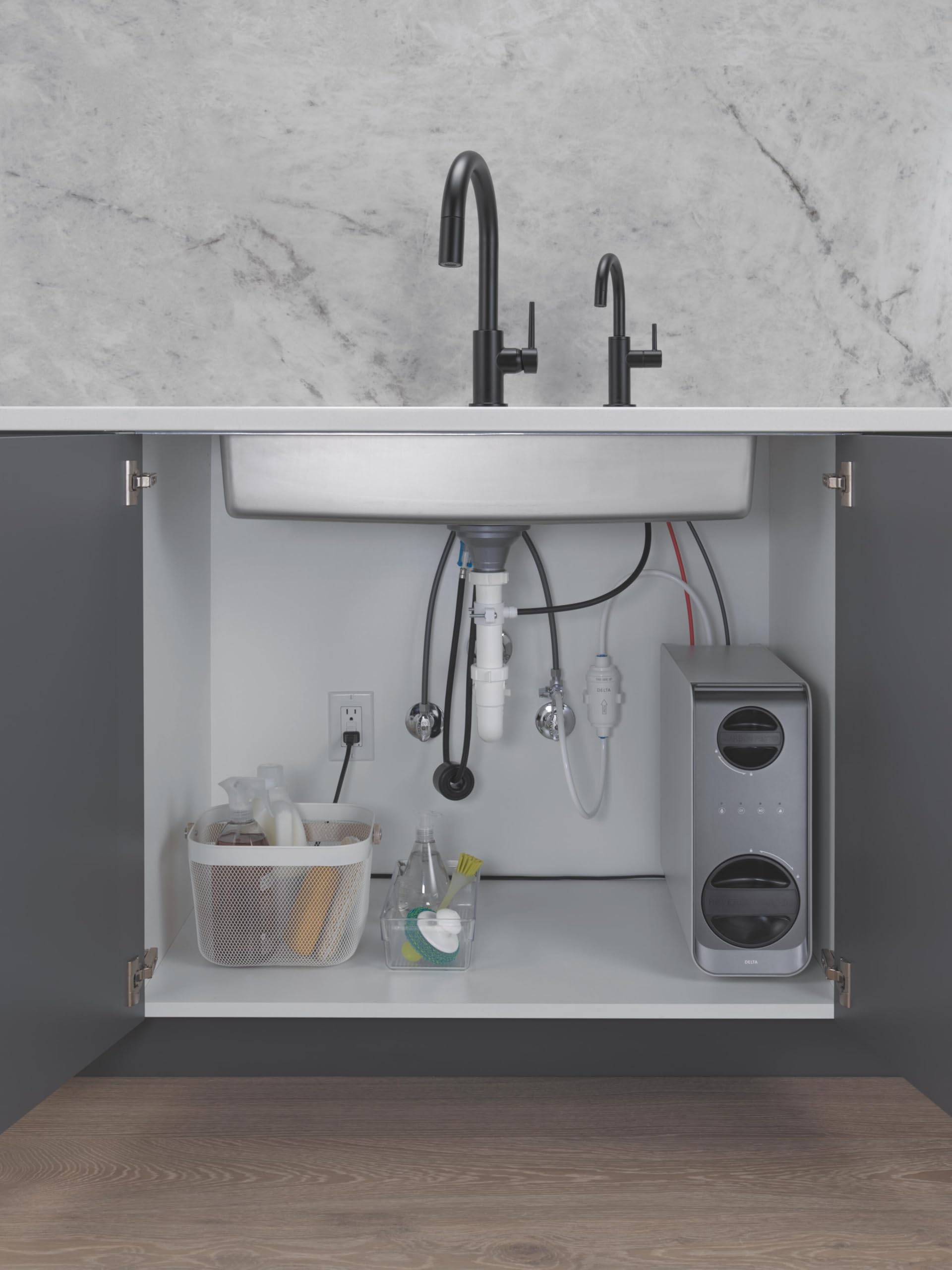 Under-sink reverse osmosis water filtration system with carbon filter cartridge, storage tank, and dual black faucets install
