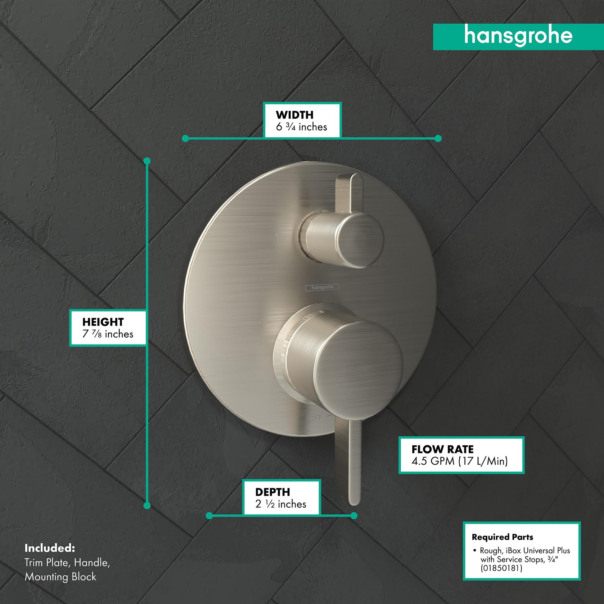 Brushed nickel circular valve trim with two round handles and diverter, mounted on textured dark tile wall.