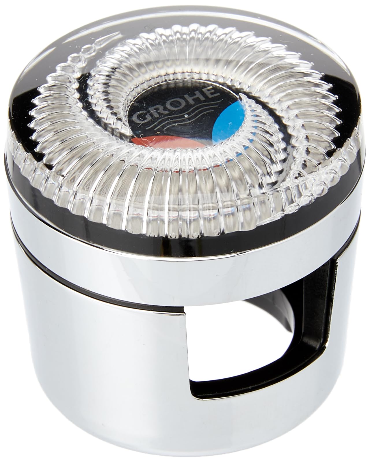 Grohe chrome lever head with clear ribbed top, black band, and blue indicator dot on cartridge.