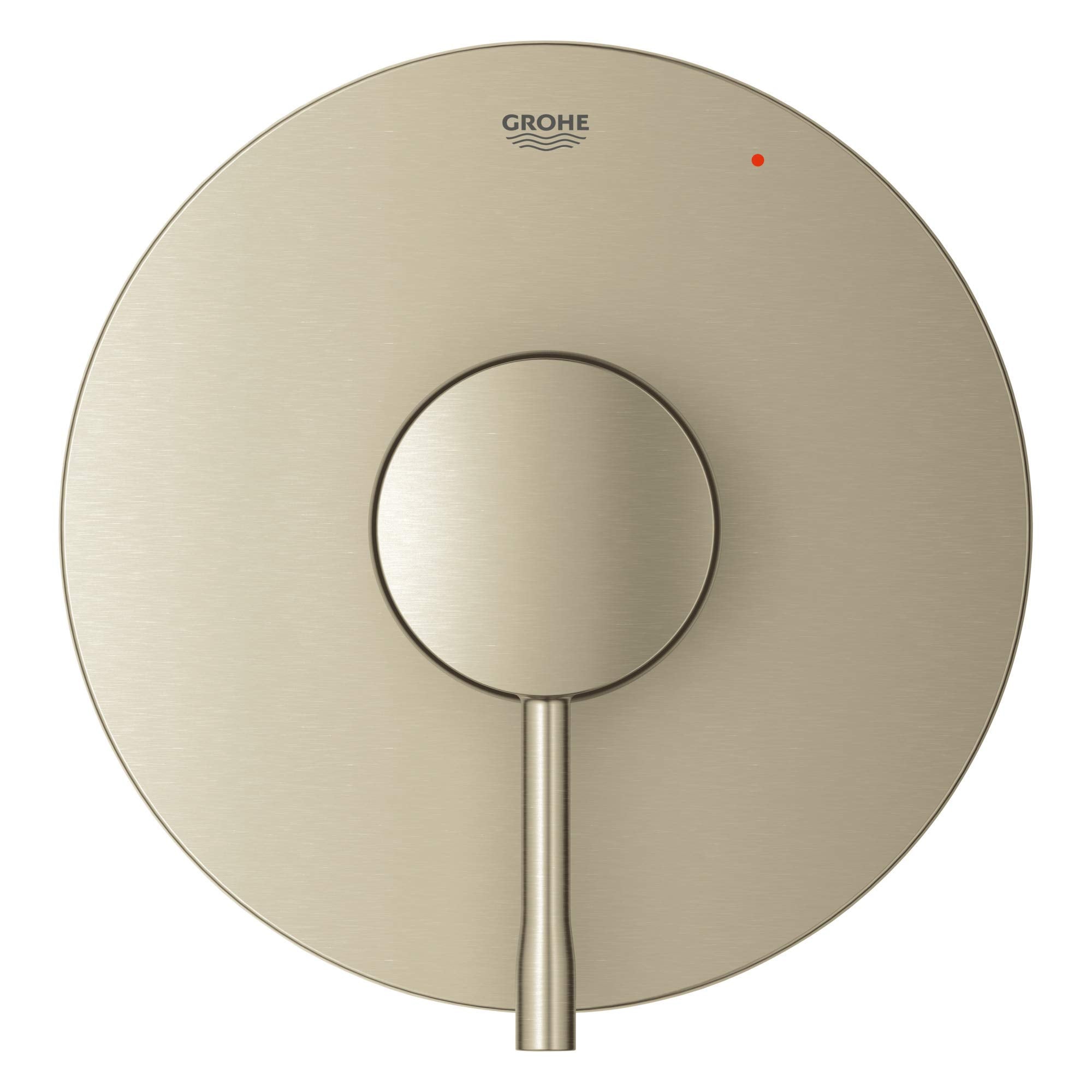 Brushed nickel circular valve trim with central lever handle and red temperature indicator dot.