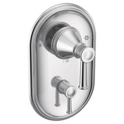 Chrome shower valve trim with oval escutcheon plate, single lever handle, and diverter control knob.