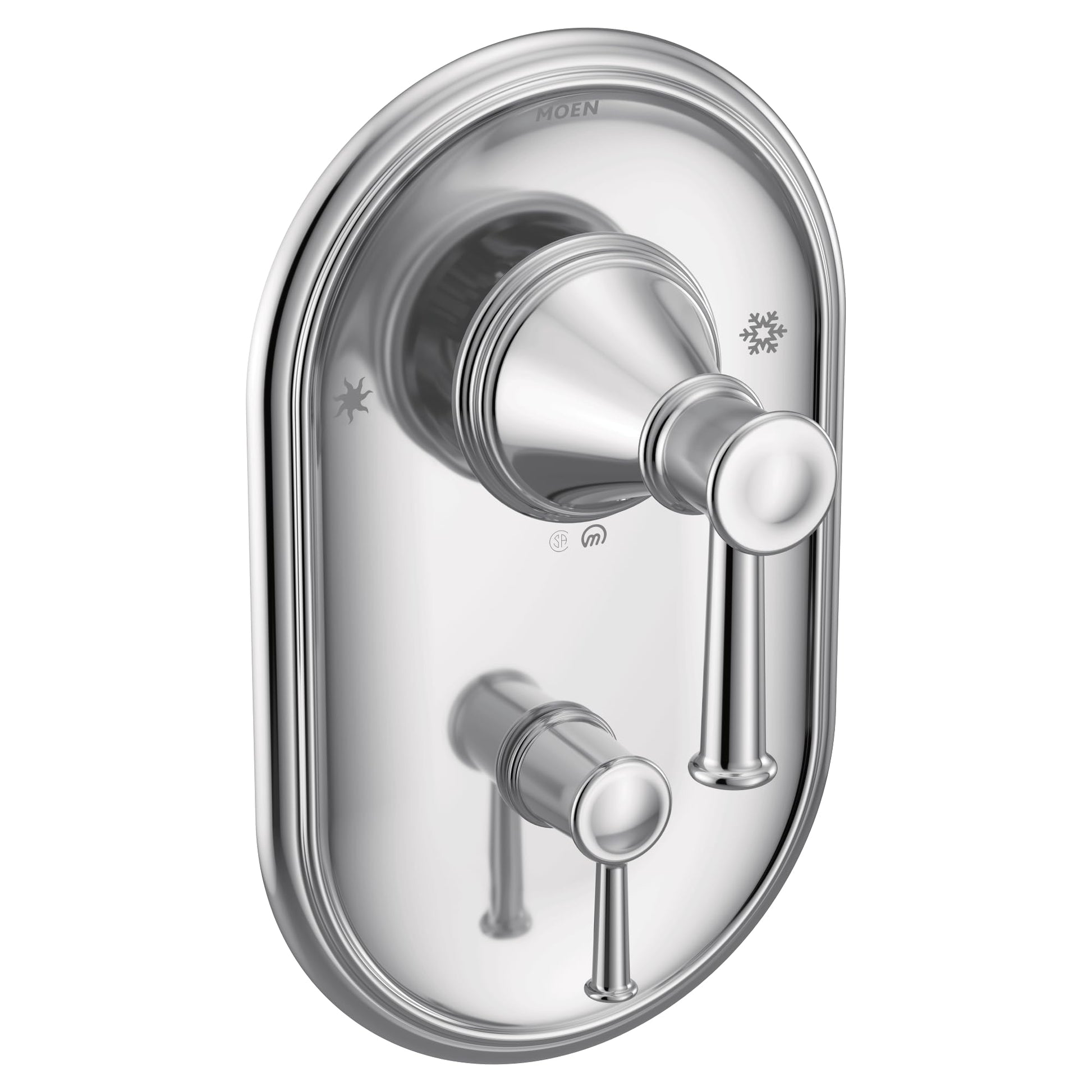 Chrome shower valve trim with oval escutcheon plate, single lever handle, and diverter control knob.