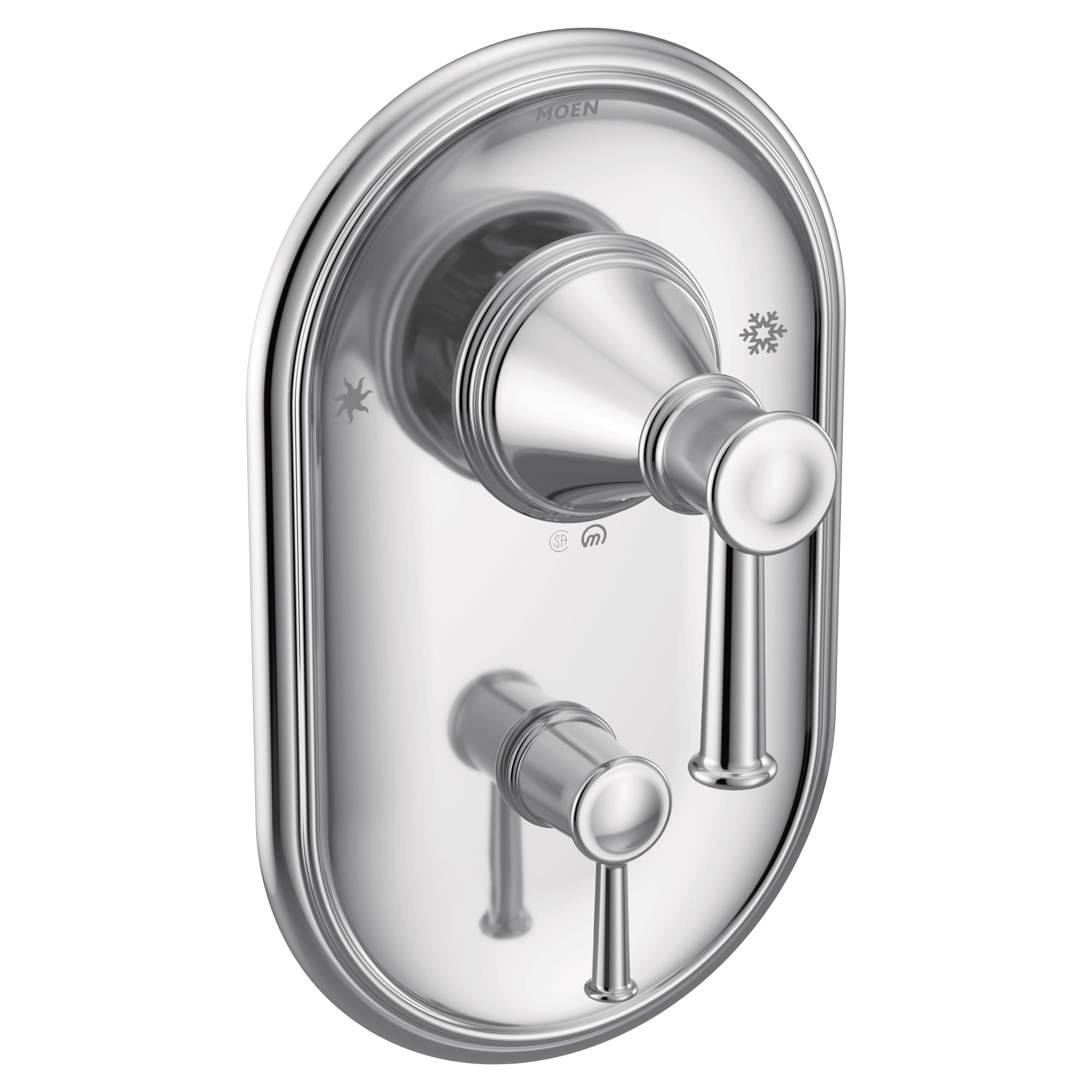 Chrome shower valve trim with oval escutcheon plate, single lever handle, and diverter control knob.