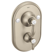 Brushed nickel shower valve trim with oval escutcheon plate, center lever handle, and two function selector knobs labeled Hot
