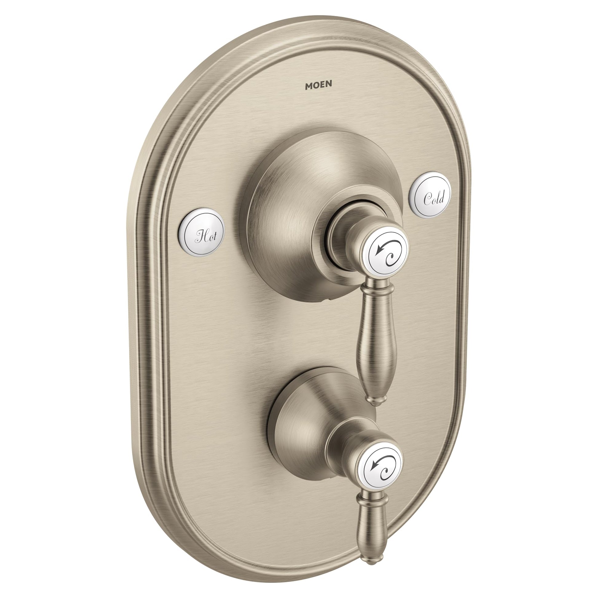 Brushed nickel shower valve trim with oval escutcheon plate, center lever handle, and two function selector knobs labeled Hot