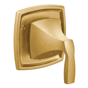 Brushed gold square shower valve trim with curved lever handle and three function diverter.