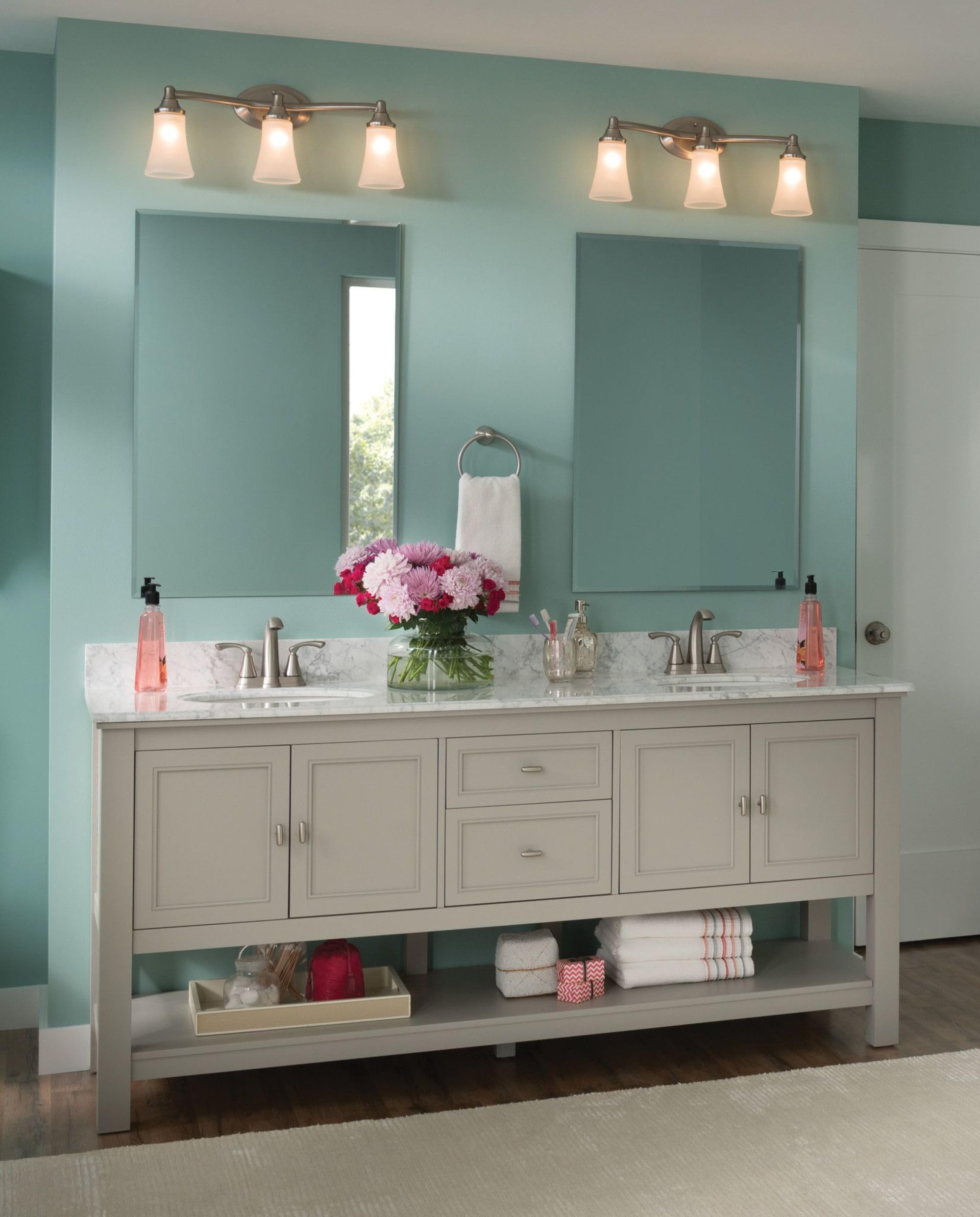 Moen Eva 3 Light Dual Mount Bathroom Vanity Fixture Bath Lighting with Frosted Glass in Brushed Nickel - YB2863BN