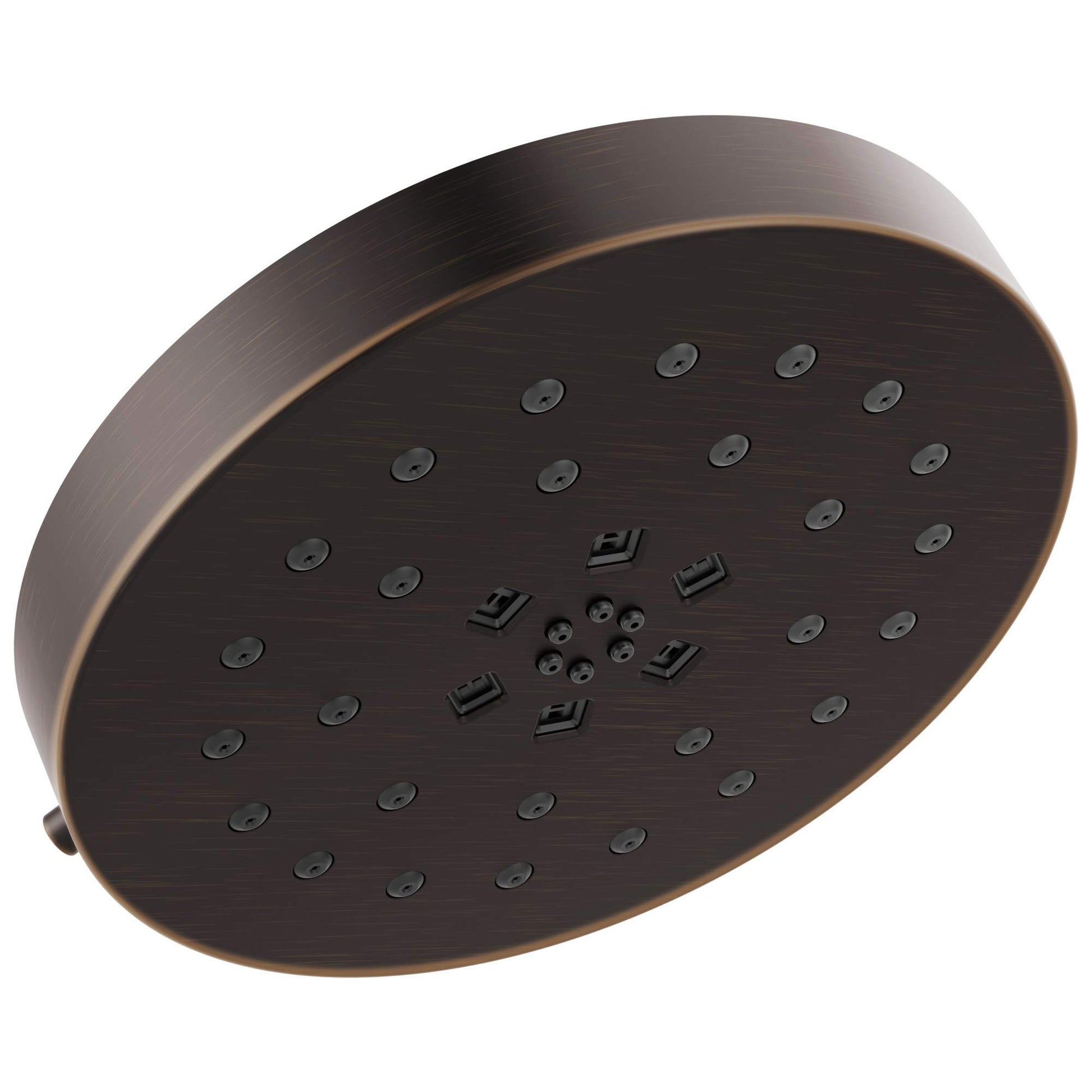 Circular dark bronze shower head with multiple spray nozzles and Delta logo on face.