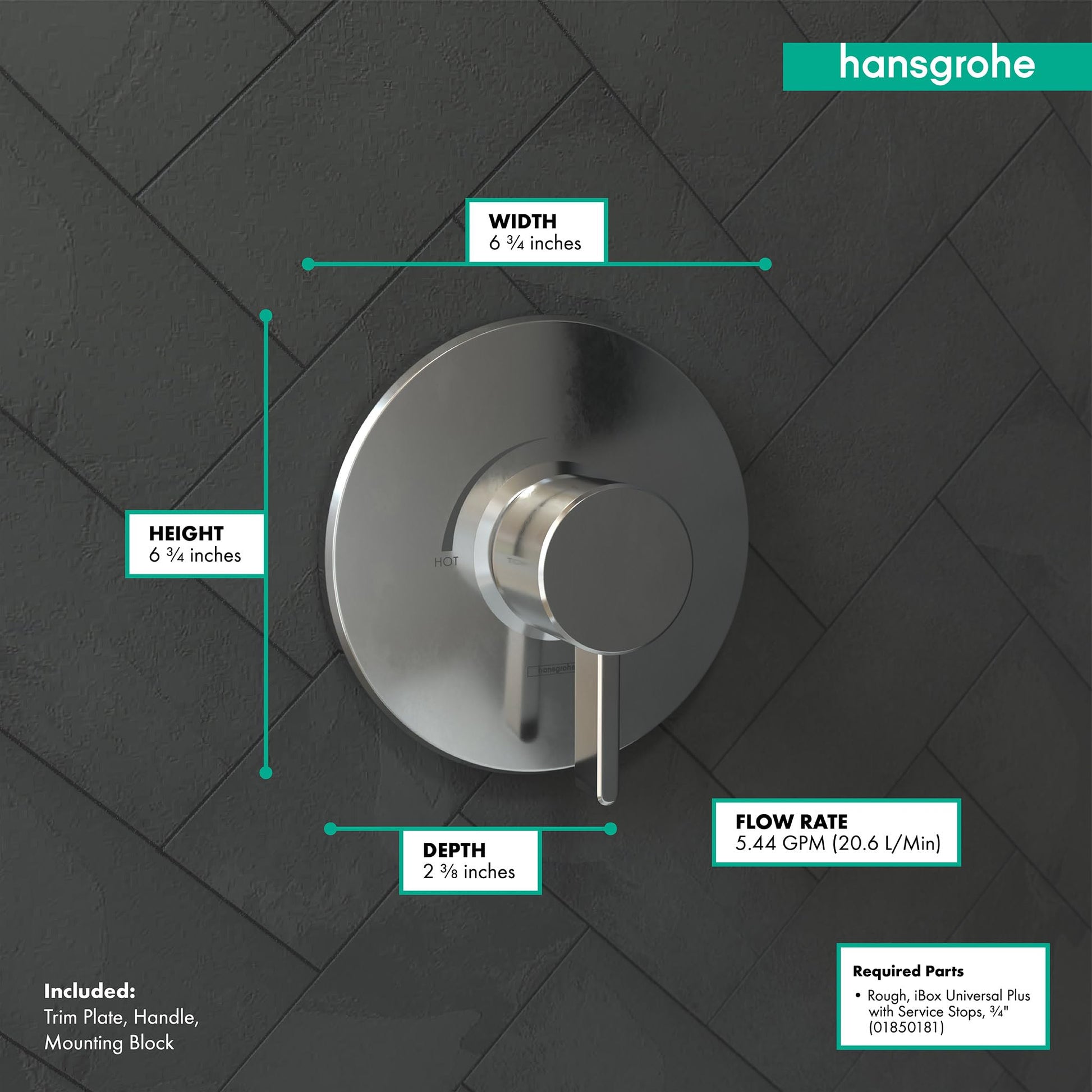 Chrome pressure balance shower valve trim with round escutcheon plate and lever handle mounted on herringbone tile.