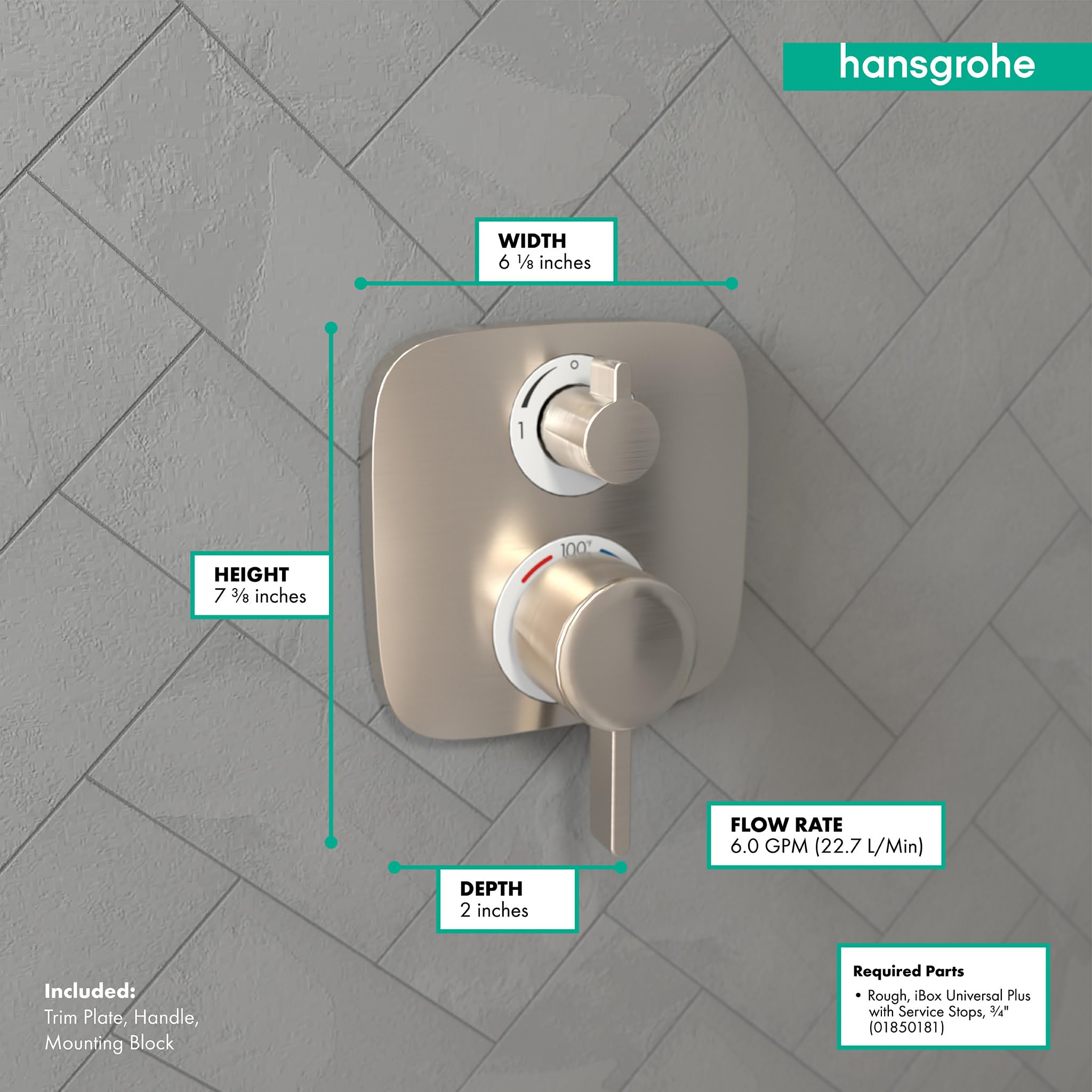 Brushed nickel thermostatic shower trim with two round control handles mounted on rectangular plate against herringbone tile 